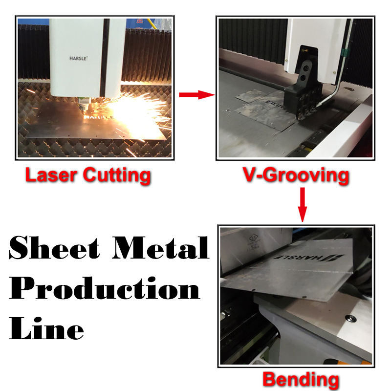 Ligne de production en tôle avec machine de découpe laser, machine à rainure CNC V, frein de presse CNC