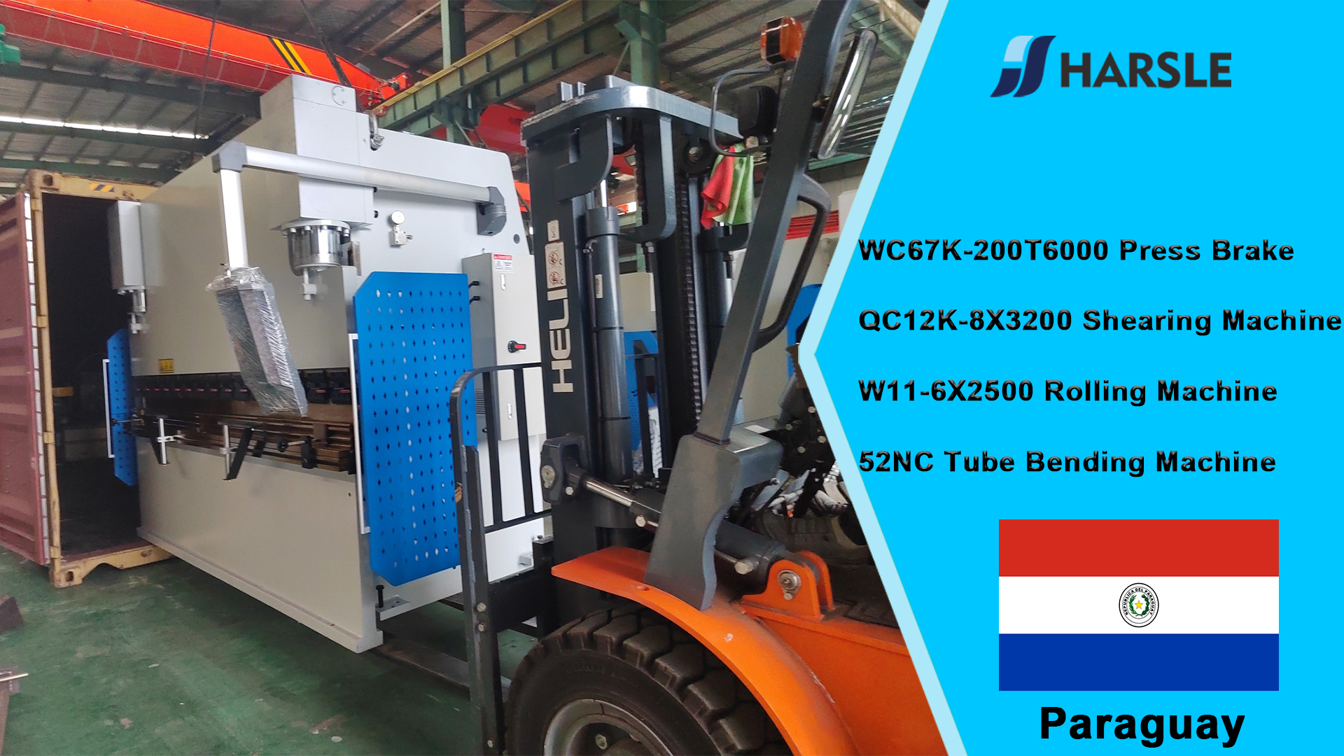 Presse plieuse Paraguay-WC67K-200T6000, cisaille QC12K-8X3200, rouleuse W11-6X2500, cintreuse de tubes 52NC